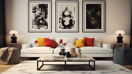 Eclectic lounge with a mix of textures and a framed art piece