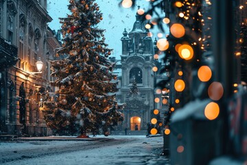 Enchanting Winter Scene: European City Embraces Christmas Spirit with Majestic Cathedral and Snow-Covered Streets