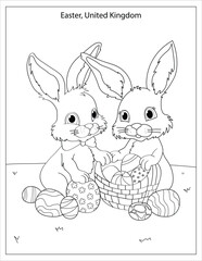 Easter Holiday Celebration with cute rabbits coloring page for kids