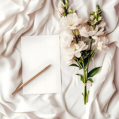 A beautiful flat lay arrangement of vibrant flowers, a blank card, and a stylish pen on a light white silk background. Perfect for concept images related to greetings, celebrations, and special occasi
