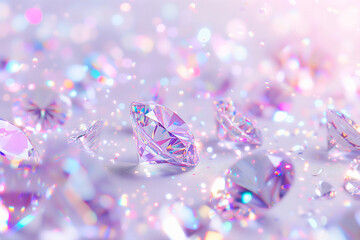 Pink Gems And Brilliant Diamond Scattering Background, Diamonds Fall From Sky And Lay on Table Surface Banner