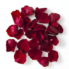 Close-up of a vibrant collection of red rose petals artistically arranged on a white background, exuding elegance and inspiration.