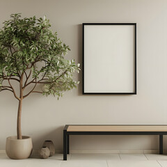 3D-rendered minimalist interior with an empty black frame hanging on a beige wall, a tree, and a table.