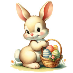 Fototapeta premium easter rabbit bunny holding easter eggs basket 1950 retro vintage watercolor clip art isolated