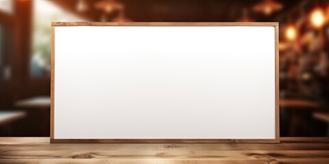 Blank wooden board with coffee shop background, used for posters or brochures.