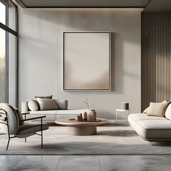 3D render of a modern living room interior with a sleek mockup frame on the wall, featuring contemporary furniture, large windows, and natural lighting.