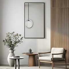 3D rendered mockup frame hanging on a white wall in a modern, minimalistic living room interior, displaying its versatile design for photographs and artworks.