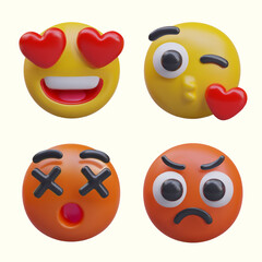 Collection with emoticon with heart eyes, kissing, red emoji with crossed eyes, and angry mad reaction. Concept of love, kiss, shock, and hate. Vector illustration in 3d style