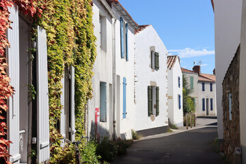 Häuser mit bunten Fensterläden,  in Noirmoutier-en-Ile, Frankreich