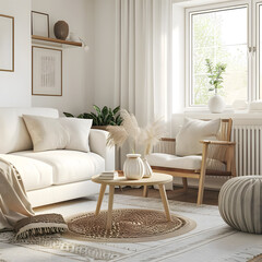 A 3D rendered cozy white living room interior with comfortable furniture, inviting decor, and a warm ambiance, ideal for home interior mockups.