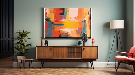 Gallery of framed art pieces above a modern mid-century credenza