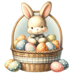 Fototapeta na wymiar easter rabbit bunny holding easter eggs basket 1950 retro vintage watercolor clip art isolated