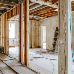 Interior of a house mid-renovation, emphasizing the unfinished walls and the ongoing transformation of the space.