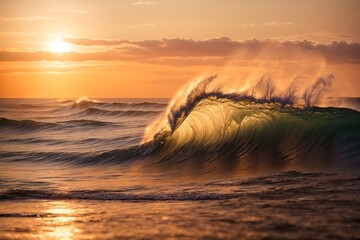 The ocean's crashing waves produce an amazing display of colors and textures as the sun sets over the water. Consider a surfer riding the final wave of the day against the vivid