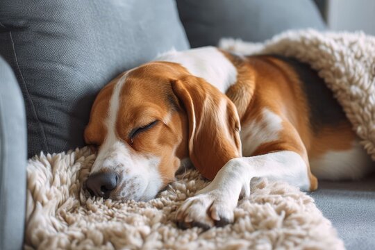 A peaceful beagle and basset hound lay soundly on a cozy couch, their loyal scenthound instincts at rest in their indoor haven