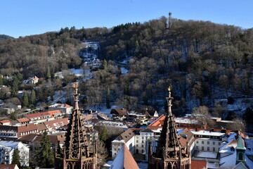 Türme am Freiburger Münster vor dem Schlossberg