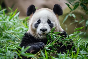 A majestic giant panda indulging in its favorite meal of fresh bamboo leaves, showcasing its adorable snout and embodying the beauty of nature and wildlife in an outdoor setting