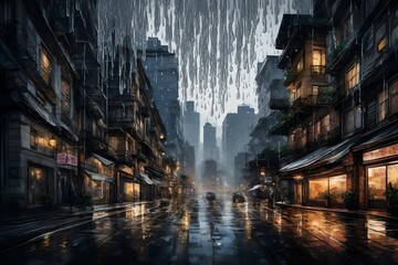 Obraz premium Wavy curtains of rain falling over a cityscape