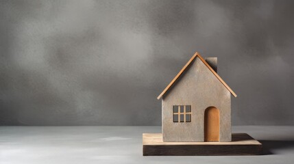 Obraz na płótnie Canvas Small model of a house placed on a wooden platform, with a grey background. House Rent, purchase, insurance, mortgage concept