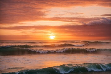 Waves pounding the coast create a breathtaking display of colors and textures as the sun sets over the ocean. Picture a surfer riding the final wave of the day against the vivid