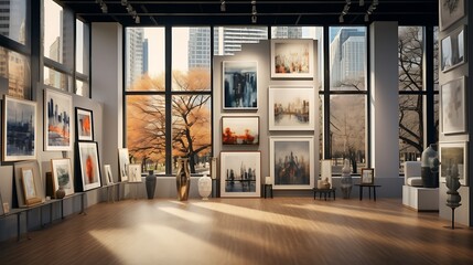 Gallery of frames in various sizes on a wall with floor-to-ceiling windows