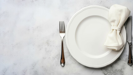 Empty plate with a fork, knife and textile napkin top view, copy space. AI generative