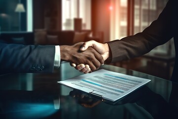 A businessman shaking hands over a letter of agreement. generative AI