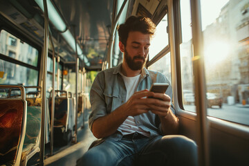 Young man finds a moment of connection on his smartphone while commuting on a city bus