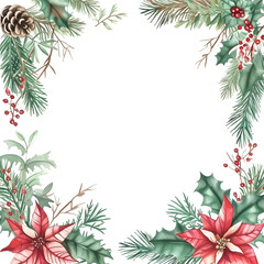 Fototapeta na wymiar Close-up landscape shot of an elegant Christmas floral frame with winter greenery border, hand-painted in watercolor, perfect for a festive holiday greeting card.