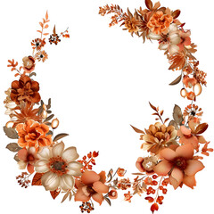 Round autumn floral frame with terracotta and rusty flowers forming a wreath, capturing the warm and cozy fall atmosphere. Perfect for wedding invitations and seasonal designs.
