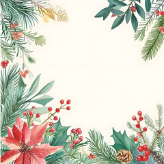Close-up landscape shot of an elegant Christmas floral frame with winter greenery border, hand-painted in watercolor, perfect for a festive holiday greeting card.