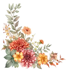 Meubelstickers Watercolor illustration of a rustic autumn floral corner border with burnt orange dahlia, rose, and eucalyptus leaves capturing the warm essence of fall. Perfect for rustic wedding themes. © Hasanul