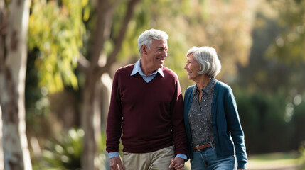 Elderly couple is seen walking together, holding hands and sharing a happy moment in a sunlit park