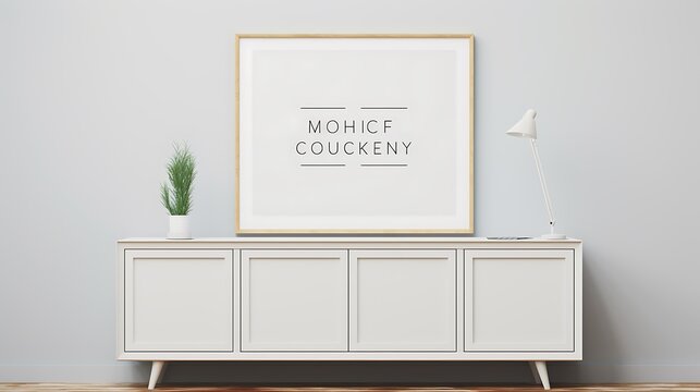 Gallery of Mockup poster blank frames above a low-profile Scandinavian media console