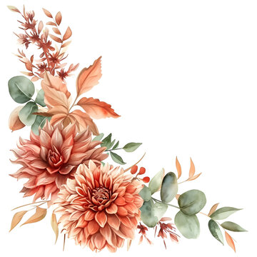 Watercolor illustration featuring a border of dahlia, rose, and eucalyptus leaves in burnt orange and terracotta hues. Perfect for rustic wedding designs.