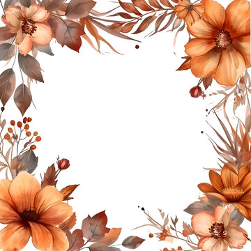 Hand-painted watercolor autumn floral frame with rusty flowers in terracotta colors on a transparent background, ideal for autumn-themed designs.