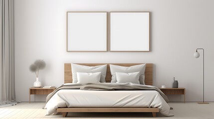 Fototapeta na wymiar Gallery of small Mockup poster blank frames on a feature wall in a minimalist bedroom