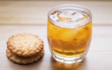 Close-up of iced tea in a glass with cookies on a wooden table.