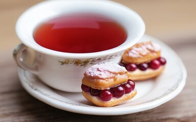 Elegant tea setting with cup of tea and pastries on a vintage tray.