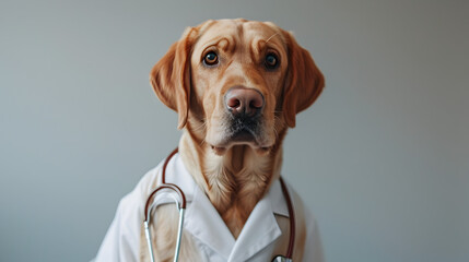Veterinary Golden retriever Dog Wearing a White Lab Coat - obrazy, fototapety, plakaty