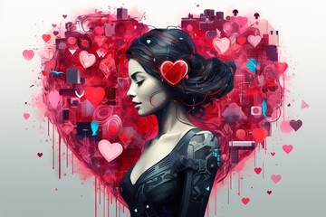 Illustration of young woman with black hair and dress standing over digital creative art heart.