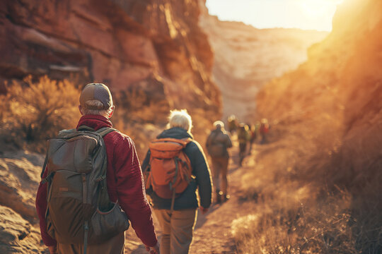 group of hikers is bathed in the golden light of the setting sun as they navigate through a rugged canyon trail. The warm glow of the evening sun highlights the red rock formations