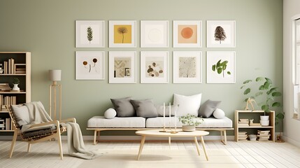 Gallery wall of frames in a room with a Scandinavian-inspired color palette