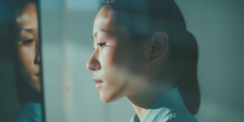 Young Asian professional woman in her 20s with a reflective expression, standing by a window with...