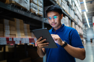 Warehouse workers in blue uniforms use digital tablets to check inventory in a large warehouse. Distribution center. Logistics and export business.