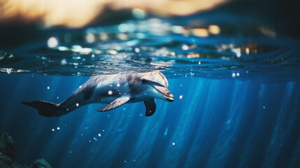 Dolphins swimming in the blue sea - obrazy, fototapety, plakaty