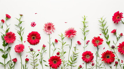 Flat lay, top view red and pink gerberas on white background. . Valentine's and mother's day background - Generative AI	