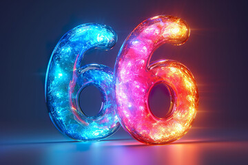 Number 66 - colorful glowing outline alphabet symbol on blue lens flare dark background - obrazy, fototapety, plakaty