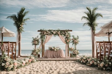 Fototapeta na wymiar Stunning bridal arch with fresh flowers in containers set against a gorgeous sky and ocean