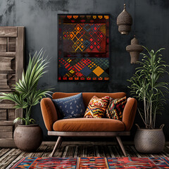 Vintage dark interior with a small sofa and fabric pillows with ornament. Carpet and a home plant on the floor and a picture on a black shabby wall. Mockup.